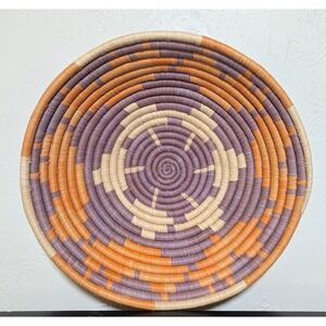 African Handwoven Grass Basket Purple and Orange 11.5" with Woven Hanger